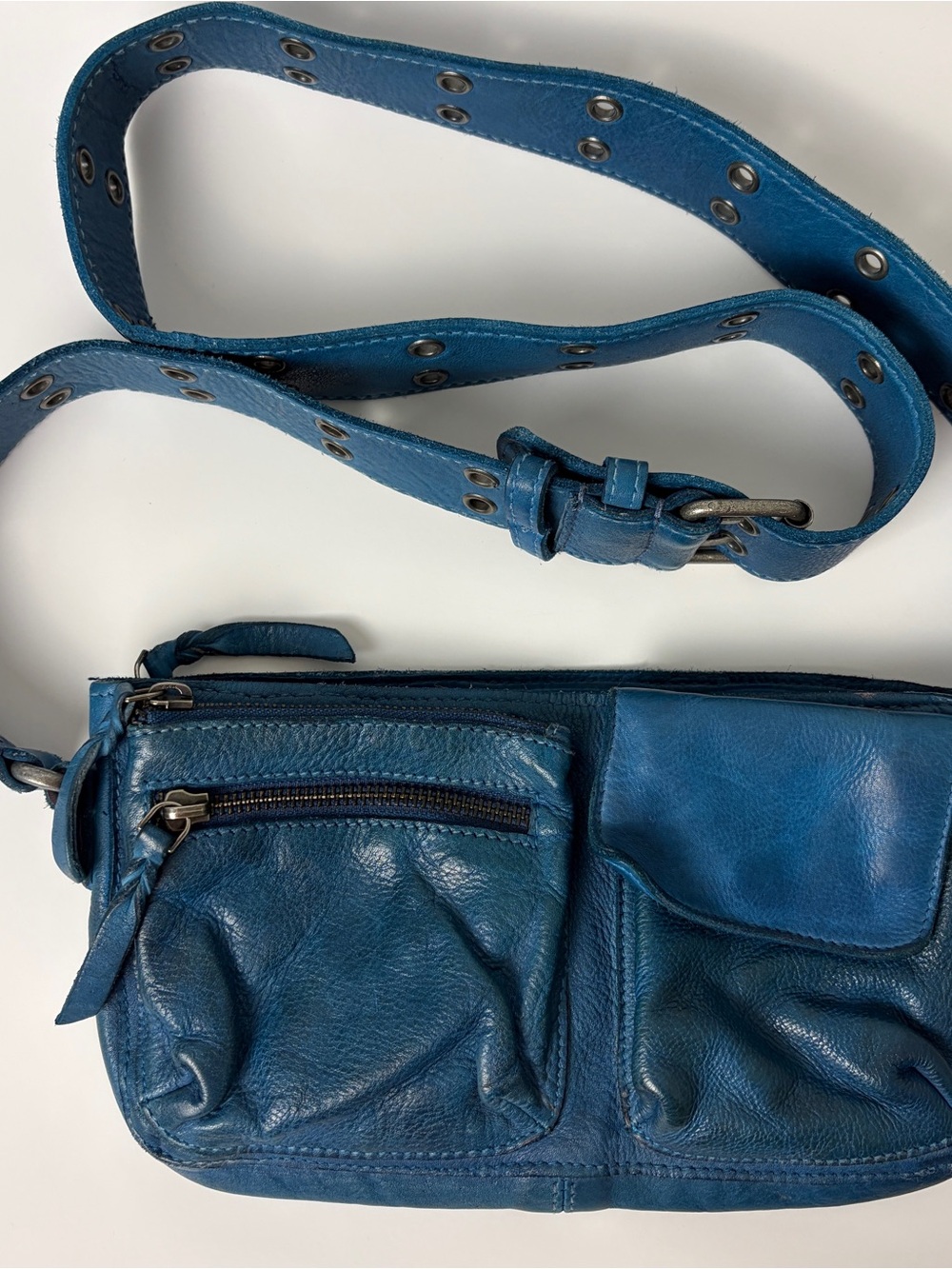 Free People Teal-Blue Leather Crossbody Bag with Grommet Strap